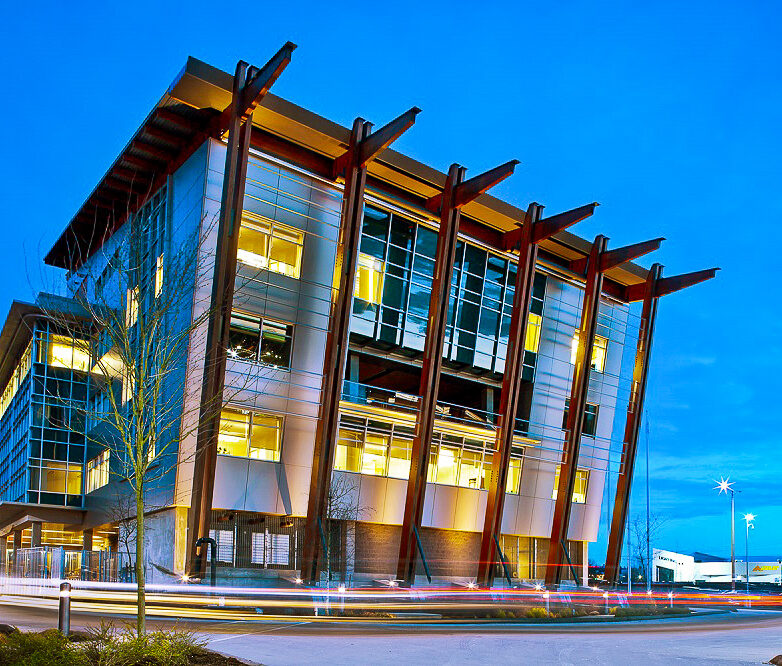 Outside view of commercial industrial regional transit management center in British Columbia