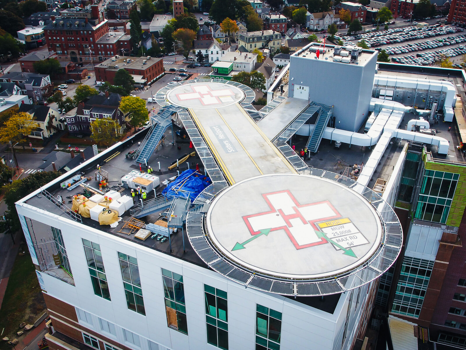 Aerial view of the Eastern Maine Medical Center with two helipads on top