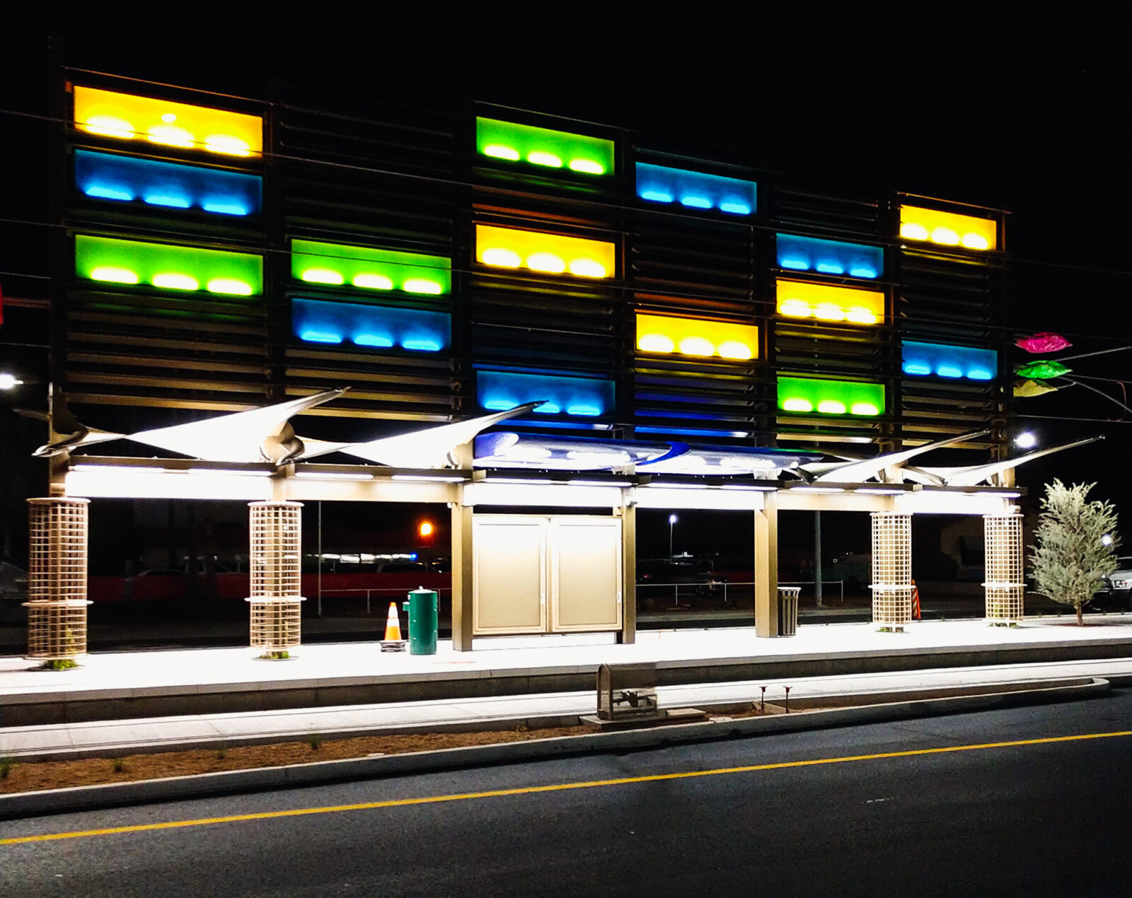 Railway station with multi-colored lights