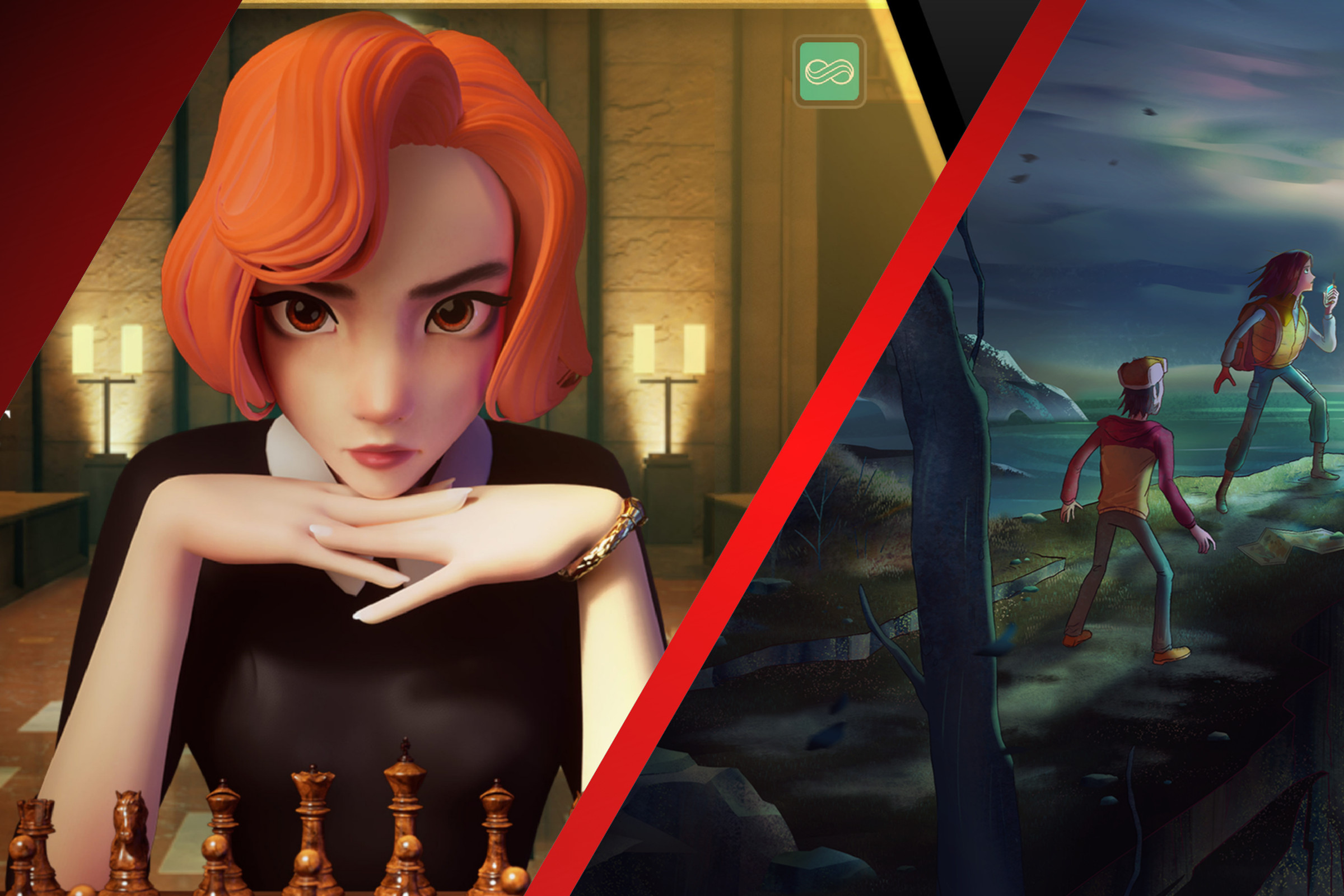 《女王的棋局国际象棋》和《Oxenfree II：失落的信号》的主要艺术作品并排展示，背景为红色和黑色渐变色